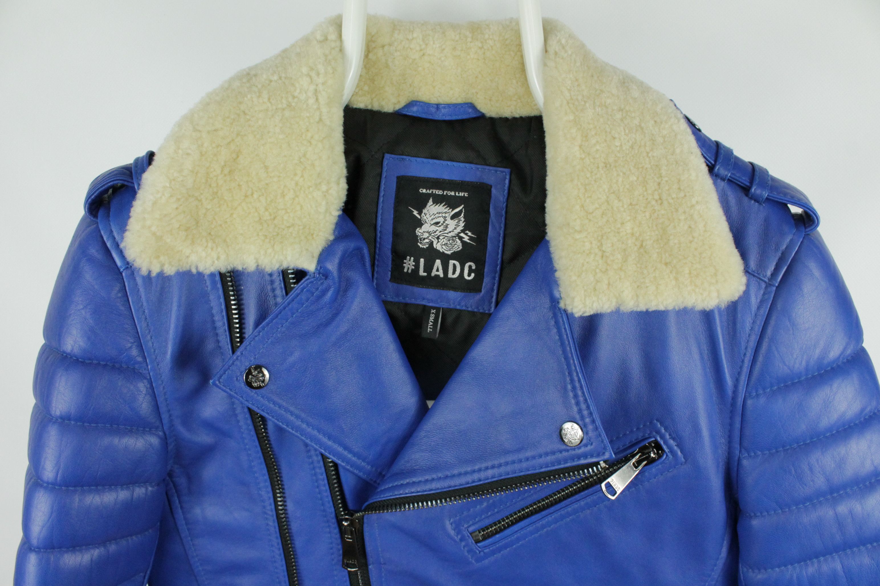 Genuine Leather LADC Paris Perfecto Blue Leather Jacket With Fur Collar Size US XS / EU 42 / 0 - 6 Thumbnail
