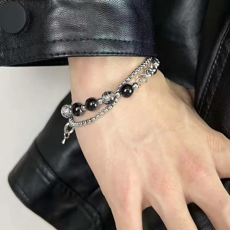Jewelry Double Layer Link Bead Splicing Bracelets in Silver, Men's