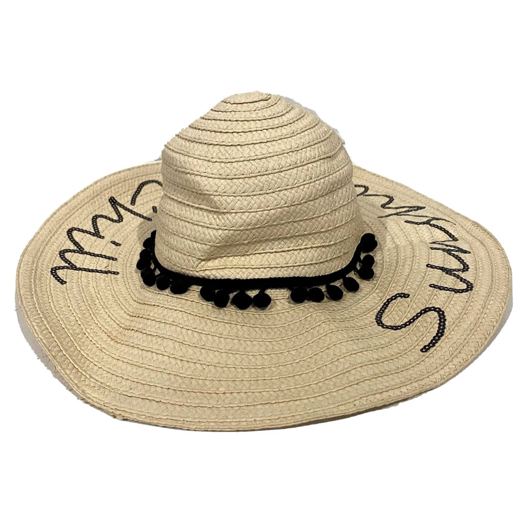 Betsey Johnson Betsey Johnson Sun Hat Women Wide Brim Beige Black Pom Pom Straw Hat Beach Vacation Sun Hat 22” Interior Circumference Size ONE SIZE - 7 Thumbnail