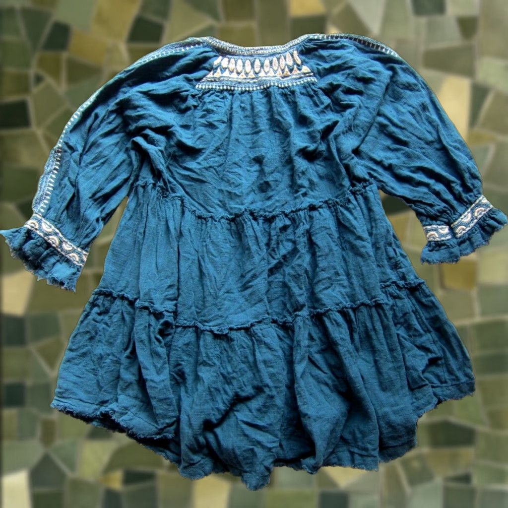 Free People Green Cotton Gauze Embroidered 3/4 Sleeve Smock Tunic Dress M, Women’s (