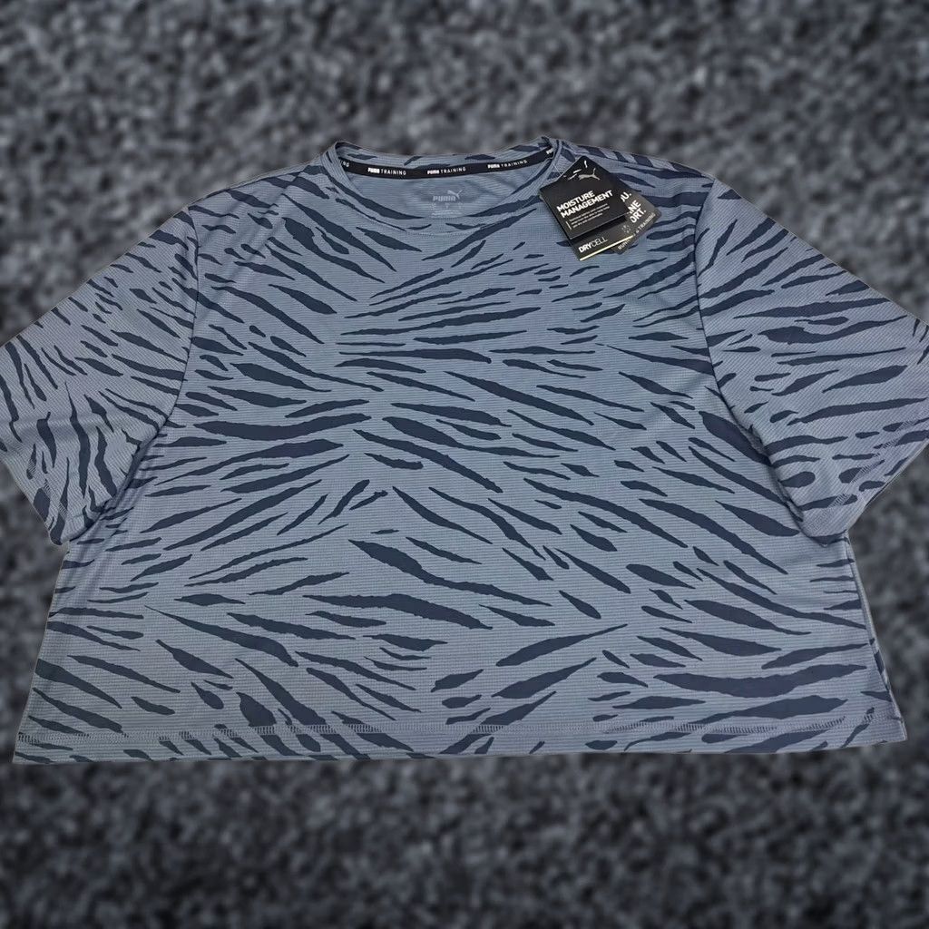 Puma PUMA Training Women's Dry Cell Cropped Short Sleeve Shirt Blue Black Striped Logo NWT Size L / US 10 / IT 46 - 1 Thumbnail
