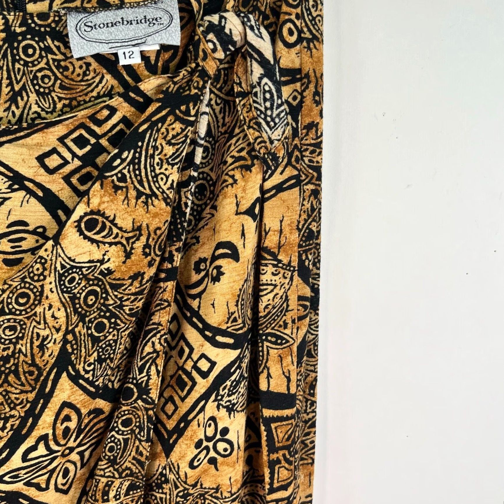 Vintage Stonebridge Skirt Womens Size 12 Maxi Wrap Geometric Brown Gold Rayon Chambray Lightweight 40in Length Size 34" / US 12 / IT 48 - 2 Thumbnail