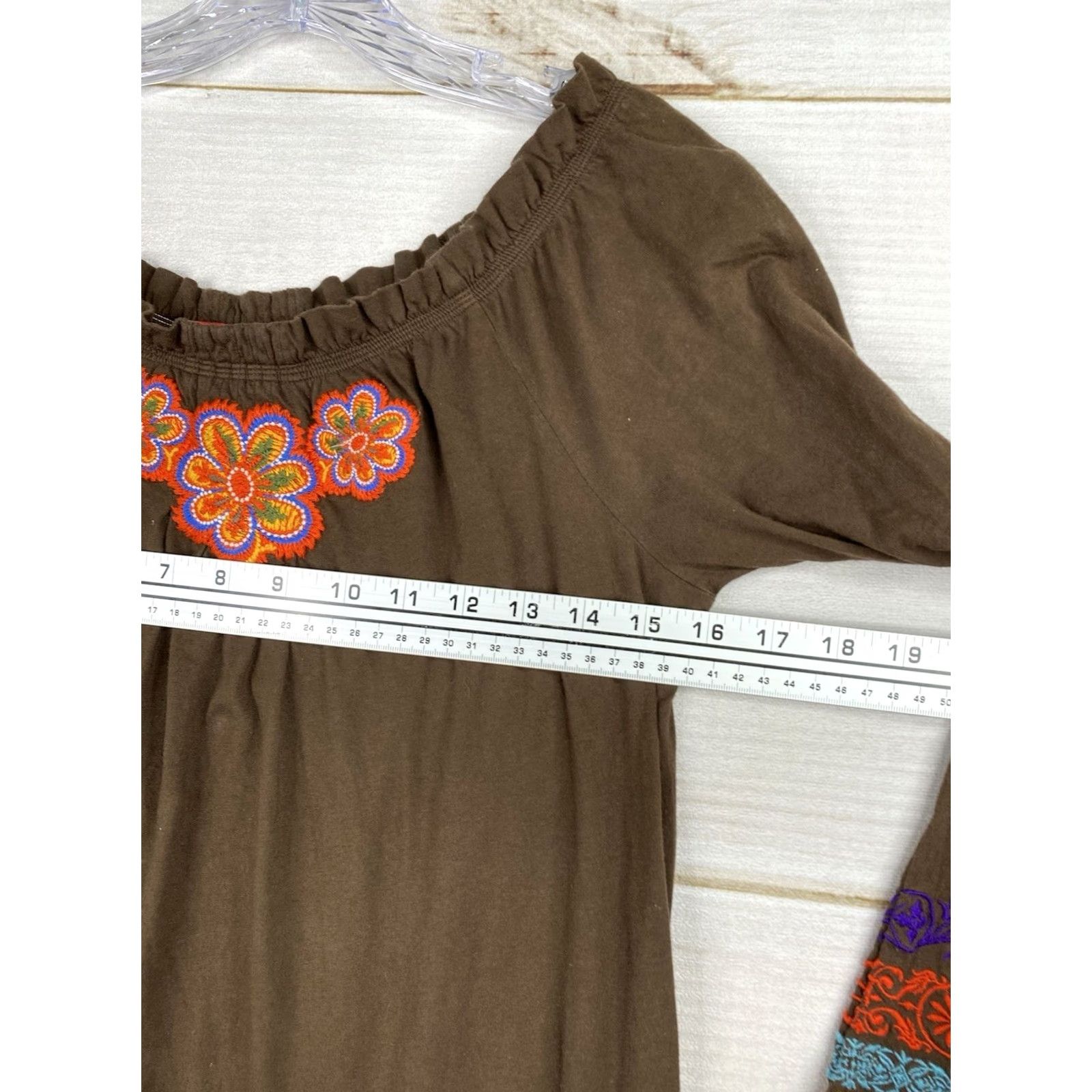 Johnny Was Johnny Was Dress Womens S Brown Cotton Floral Boho Embroidered Off Shoulder Shirt Dress Size S / US 4 / IT 40 - 5 Thumbnail