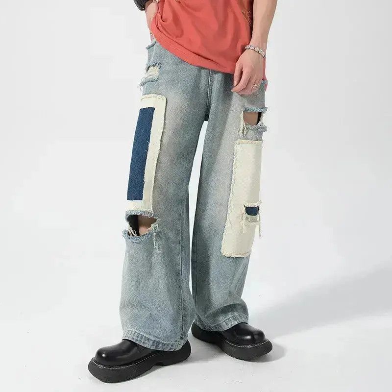 Japanese Brand Distressed Patch Contrast Denim Men's Loose Fitting Straight Size US 32 / EU 48 - 1 Thumbnail