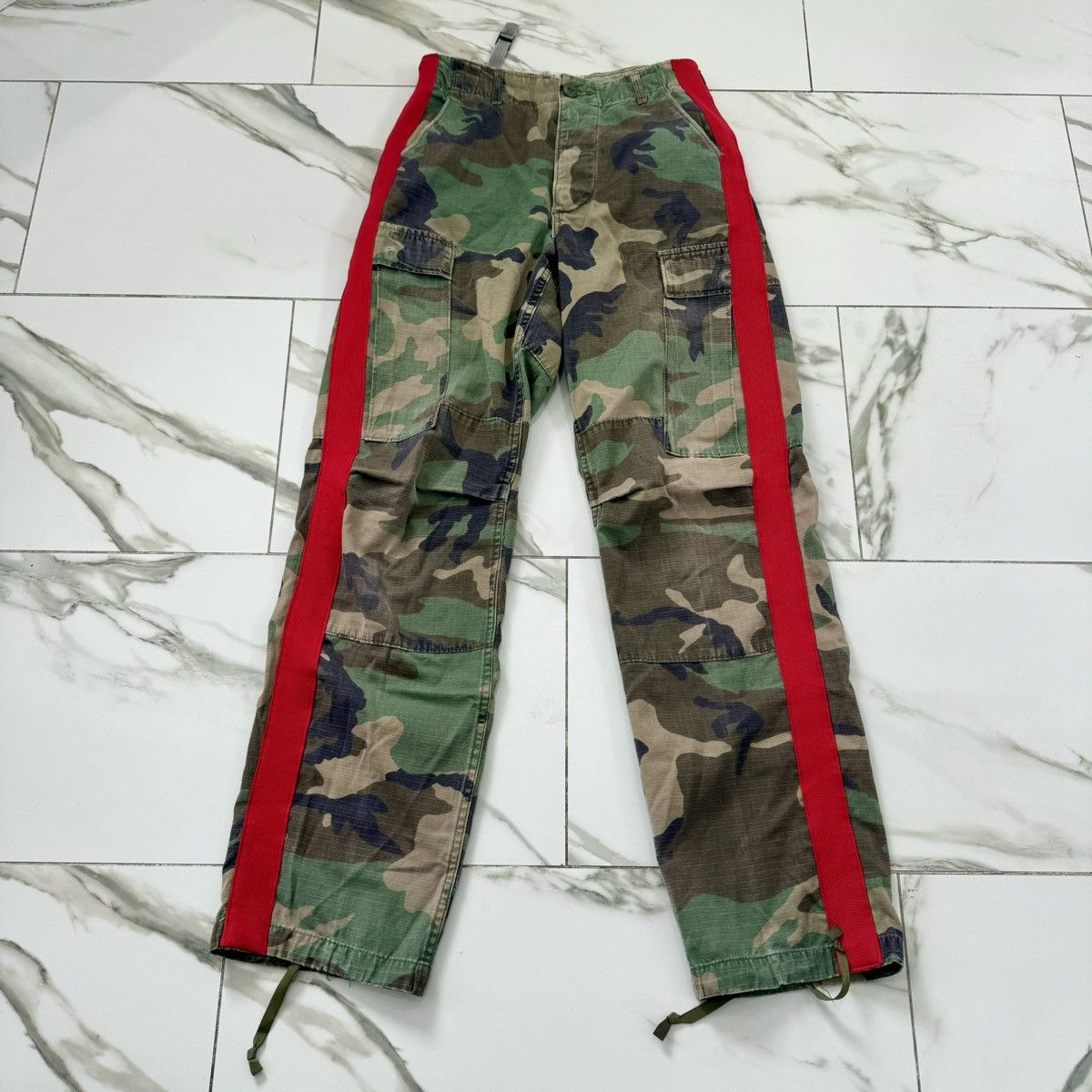 Custom Streetwear Vintage REWORKED CAMO CARGO RED STRIPE MILITARY PANTS Grailed