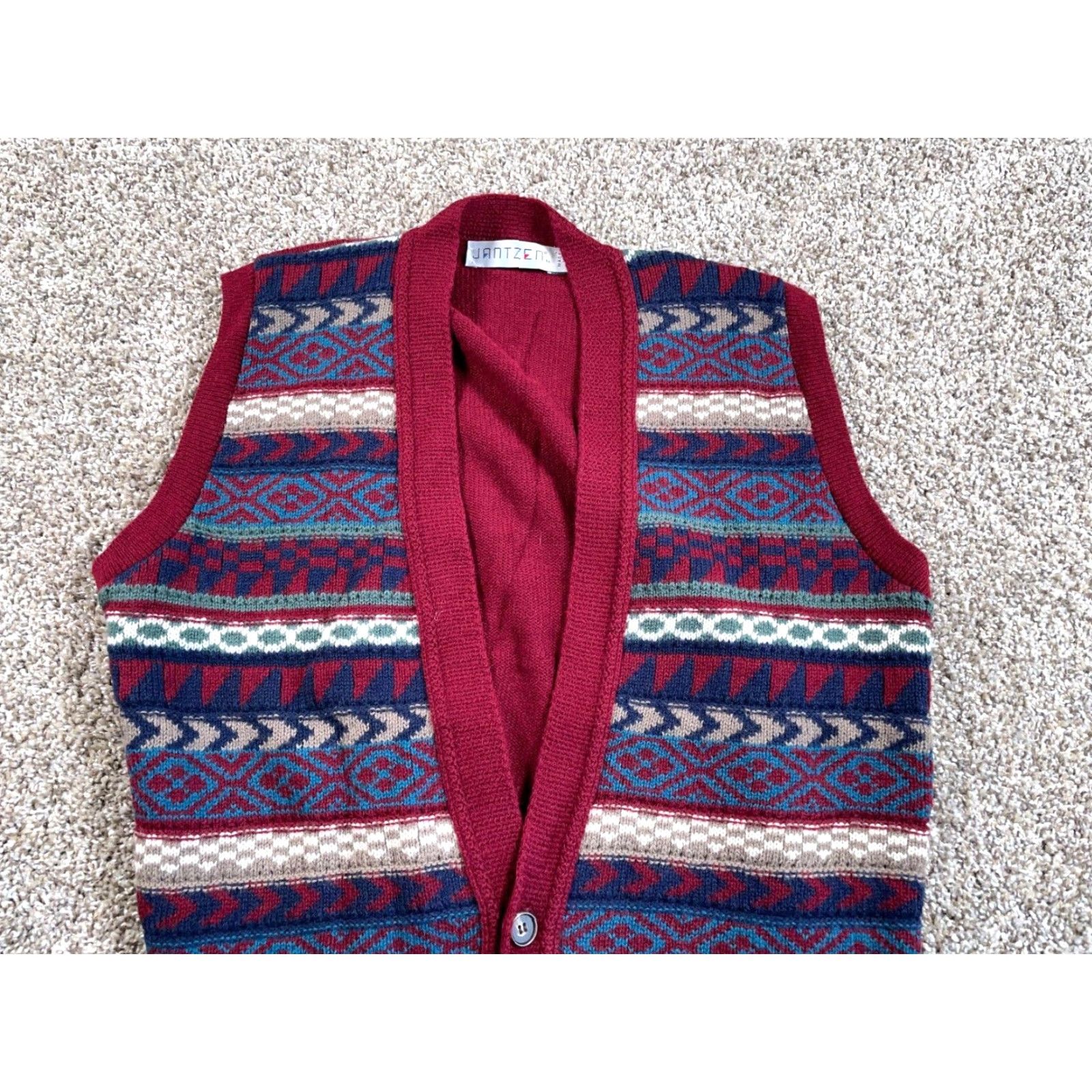 Jantzen Vintage Jantzen 90s Wool Geometric Pattern Sweater Vest Adult Large Dark Red Mens Knit Size US L / EU 52-54 / 3 - 4 Thumbnail