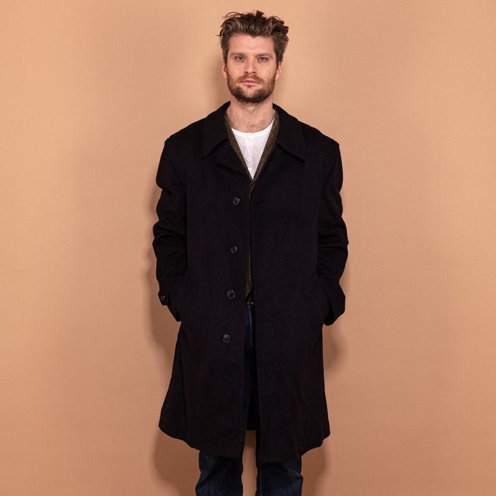 image of Vintage 90's Men Loden Wool Overcoat In Navy Blue (Size Large)