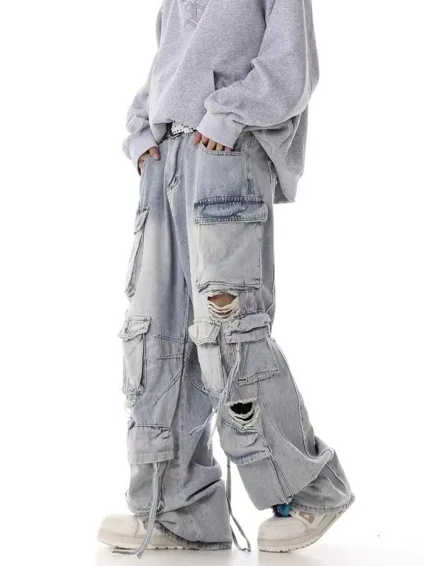 Japanese Brand Retro heavy industry beggar ripped workwear wide leg jeans Size US 34 / EU 50 - 1 Thumbnail