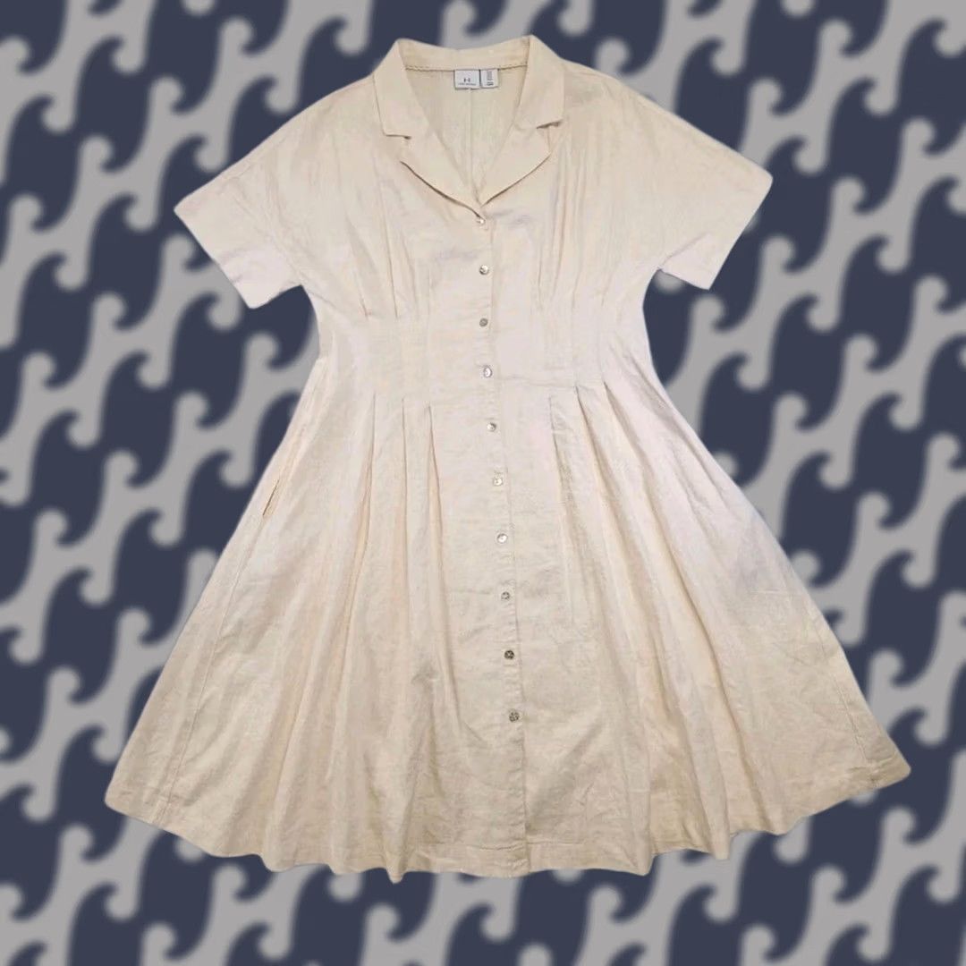 Halston Halston Heritage Shirt Dress Womens 14 Cream Button Front Fit & Flare Coastal Linen Blend Navy? Size XL / US 12-14 / IT 48-50 - 1 Thumbnail