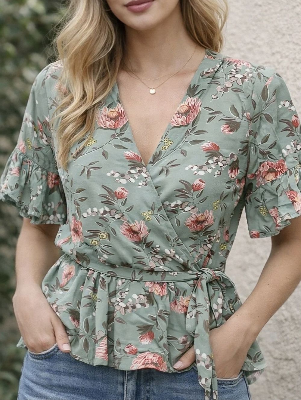 Loft Brushed Sage Floral Peplum Short Slv Wrap Top Spring Summer Size XS / US 0-2 / IT 36-38 - 4 Thumbnail