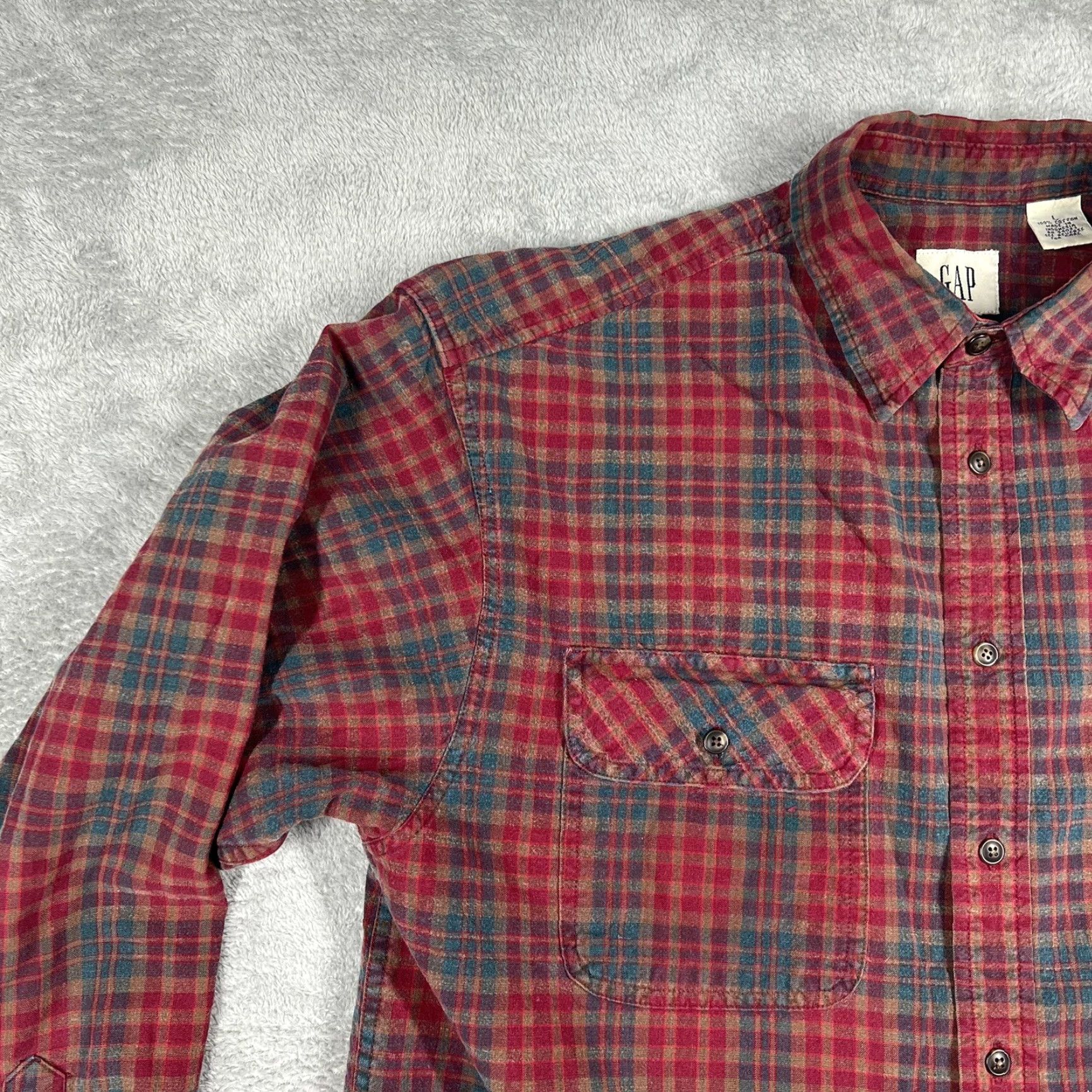 Gap Gap Button-Up Shirt Mens L Long Sleeve Plaid Flannel Red Multicolor Pocket Casual Outdoor Fall Winter EUC Size US L / EU 52-54 / 3 - 6 Thumbnail