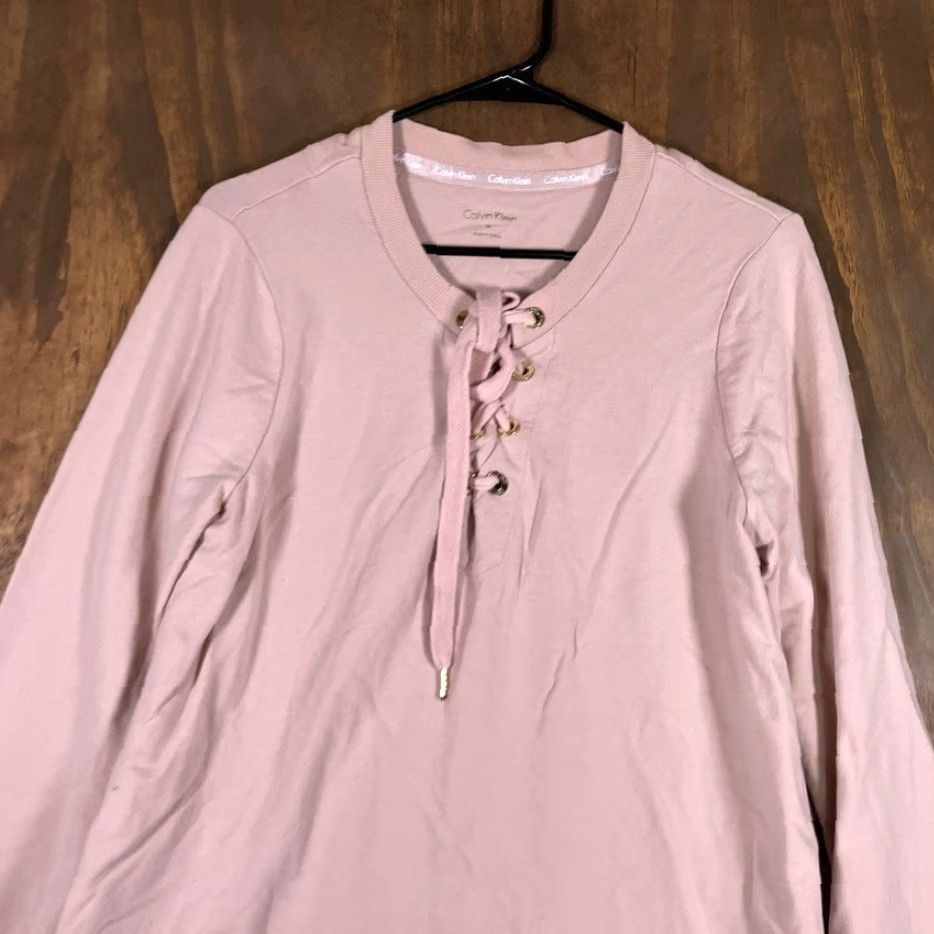 Calvin Klein Calvin Klein Womens Shirt Pink Gold Lace Up Front Long Sleeve Stretch Medium Blouse Women Casual Workwear 2020s Size M / US 6-8 / IT 42-44 - 2 Thumbnail