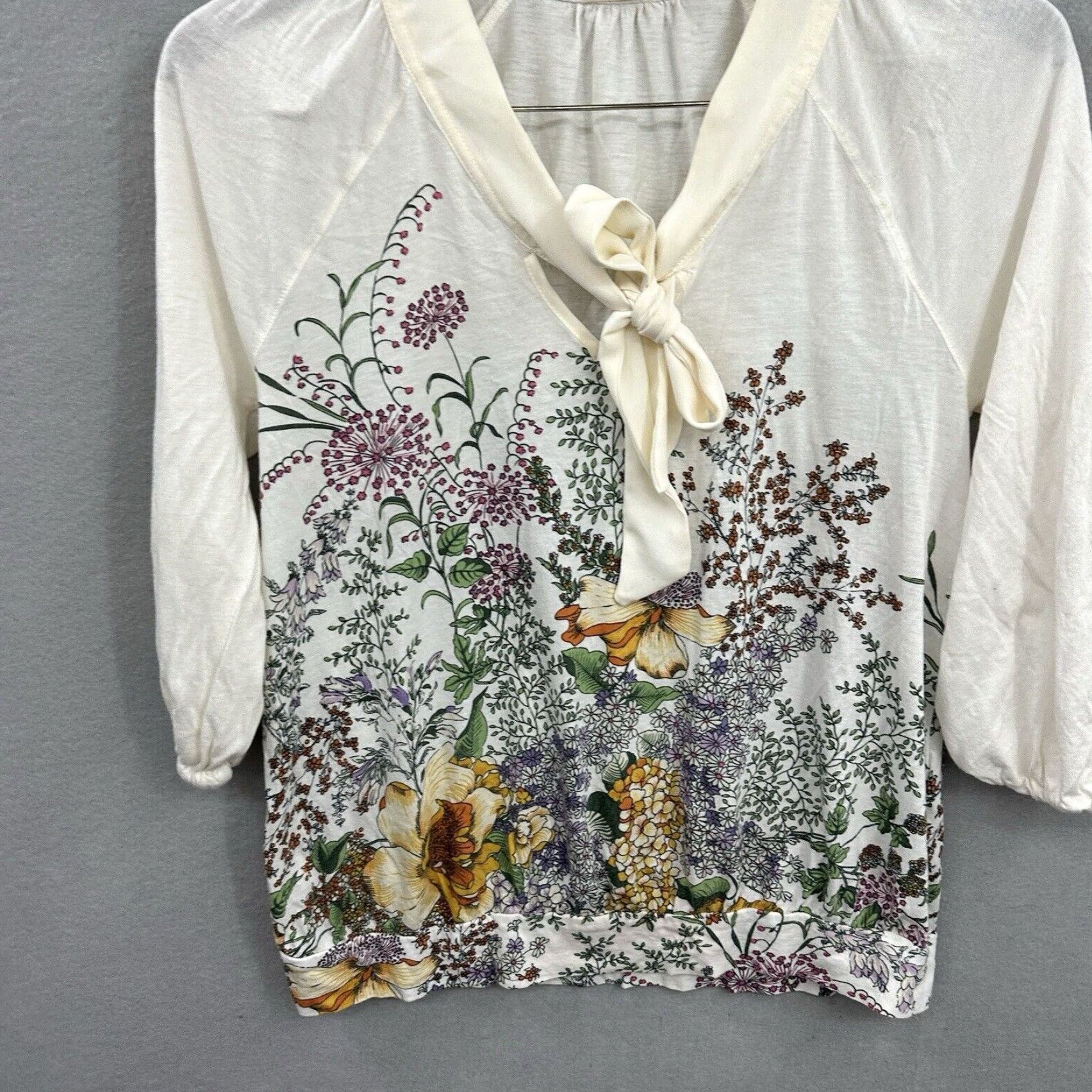 Vintage Meadow Rue Blouse Women M Ivory Floral Jersey Bow Neck Round Neck Casual Sleeve Basic Bohemian 90s? Size M / US 6-8 / IT 42-44 - 3 Thumbnail