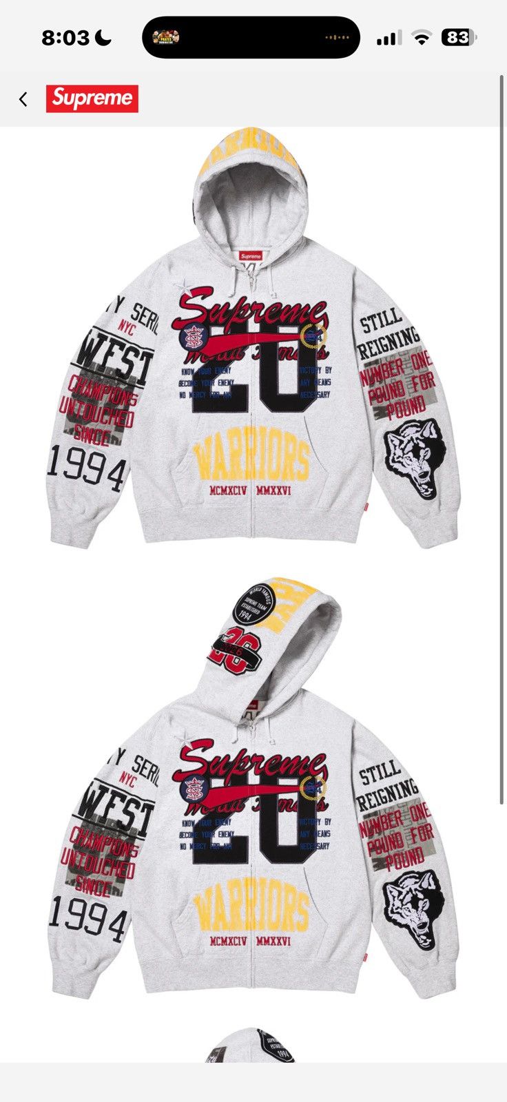 Supreme Supreme warrior zip up hoodie grey small Size US S / EU 44-46 / 1 - 1 Thumbnail