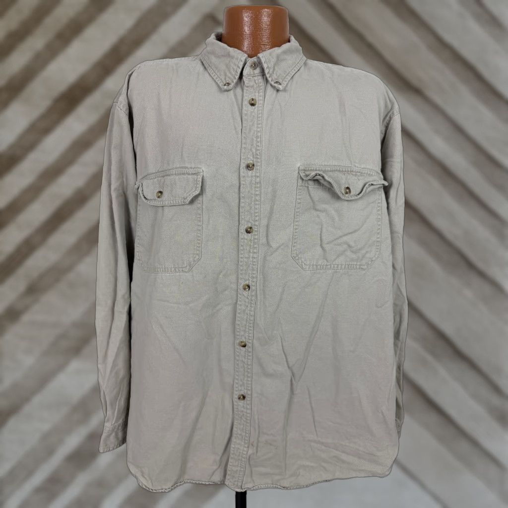 Cherokee VINTAGE Cherokee Shirt Men XL Canvas Heavyweight 90s Beige Button-Up Collared Long Sleeve Pockets 90s Grunge Outdoor Travel Workwear Mens Size US XL / EU 56 / 4 - 1 Thumbnail