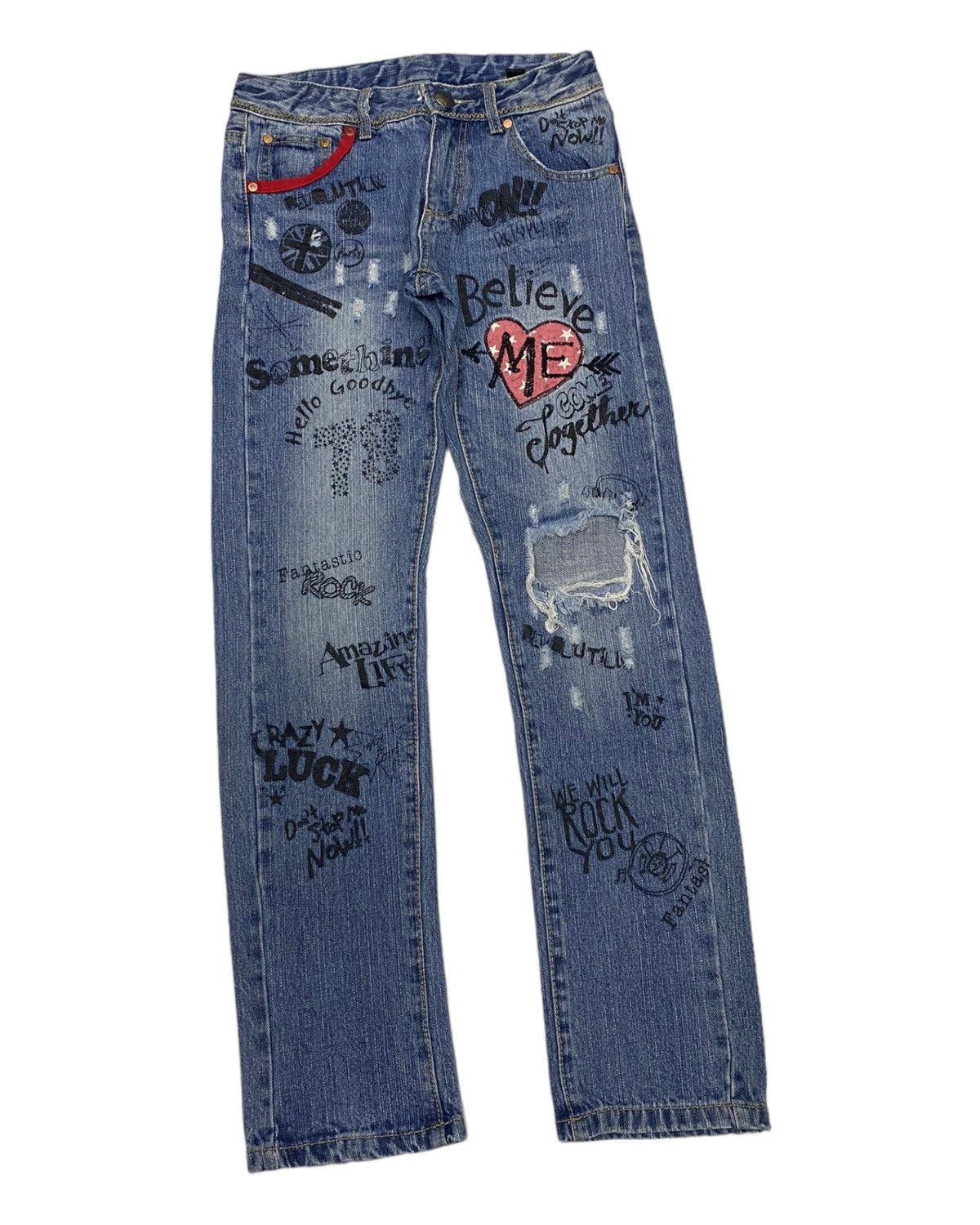 Hysteric Glamour × Japanese Brand RARE🔥PUNK STYLE DISTRESSED DENIM PLT JEANS SKULLS Size US 28 / EU 44 - 2 Thumbnail