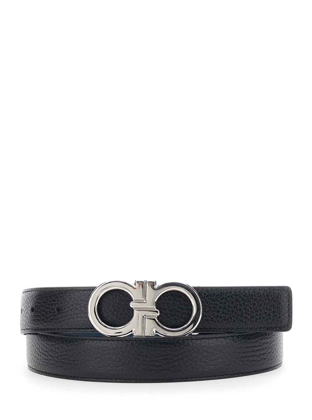 Salvatore Ferragamo Black Reversible Belt with Gancini Buckle in Hammered Leather for Men Size ONE SIZE - 1 Thumbnail