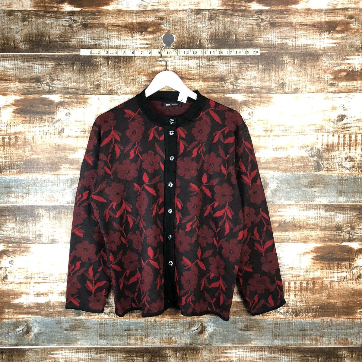 Japanese Brand Nouvelve Red Patterned Cardigans #A2043 Size L / US 10 / IT 46 - 1 Thumbnail