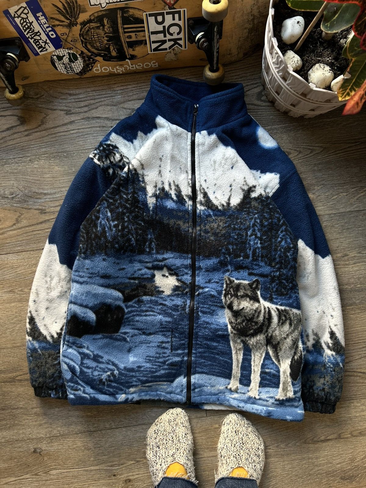 Vintage Vintage All Over Print Wolf Fleece Jacket Nature Mountains | Grailed