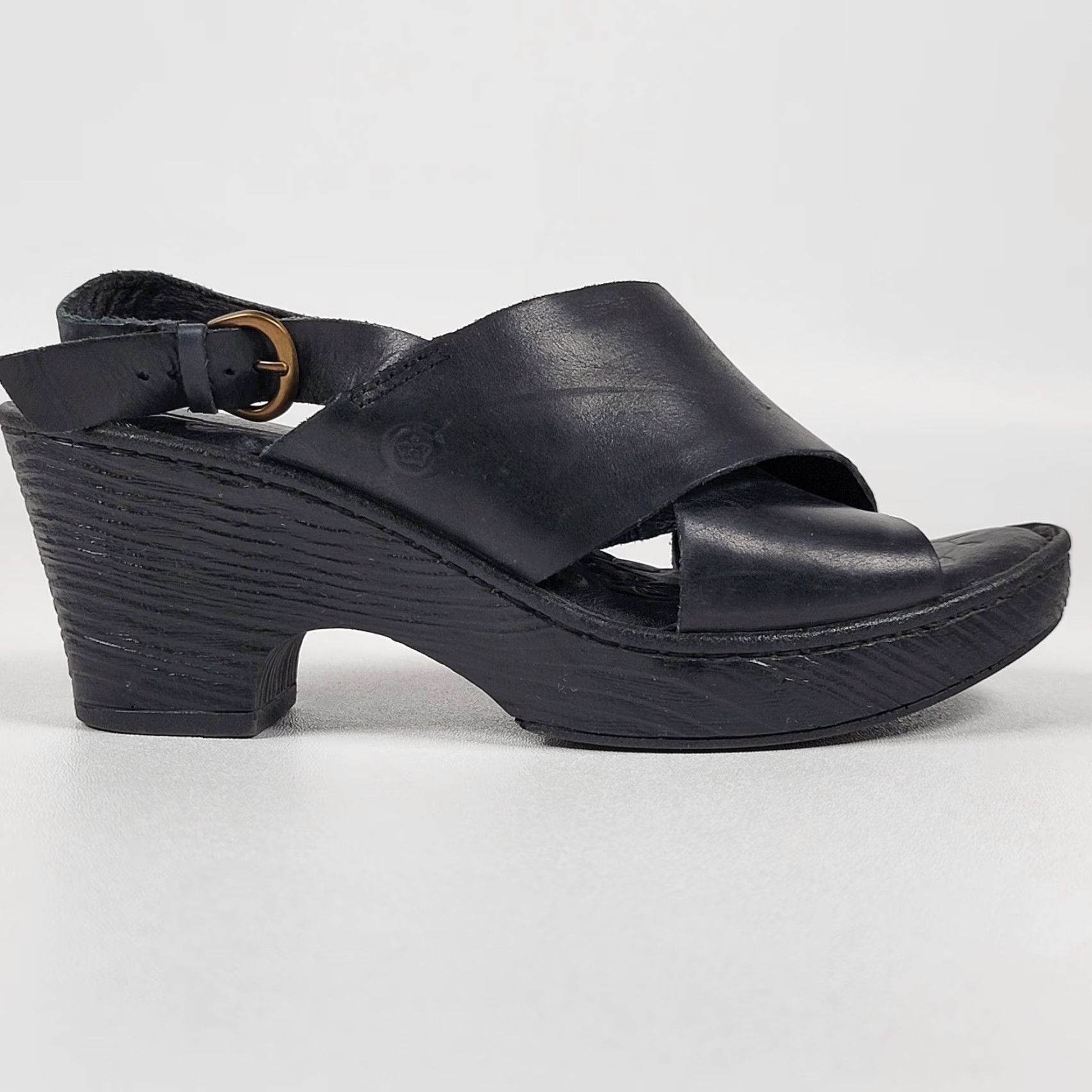 Born Born Emmy II Wedge Slingback Cross Strap Buckle Women's Black Leather Casual Heel 7M Size US 7 / IT 37 - 3 Thumbnail