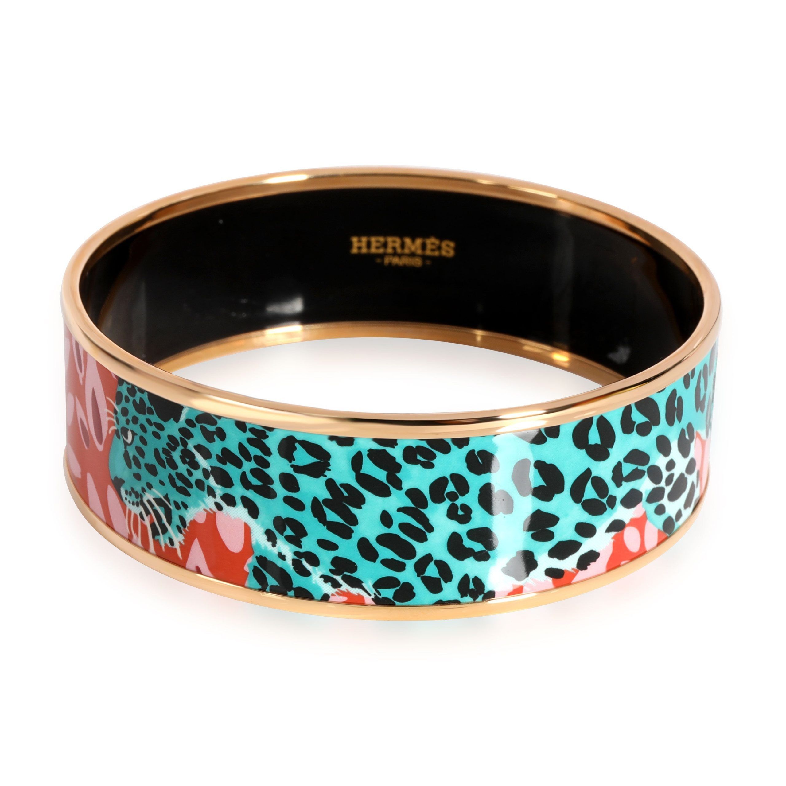 image of Hermes Leopard Rose Couture Gold Plated Enamel Bracelet in Yellow, Women's