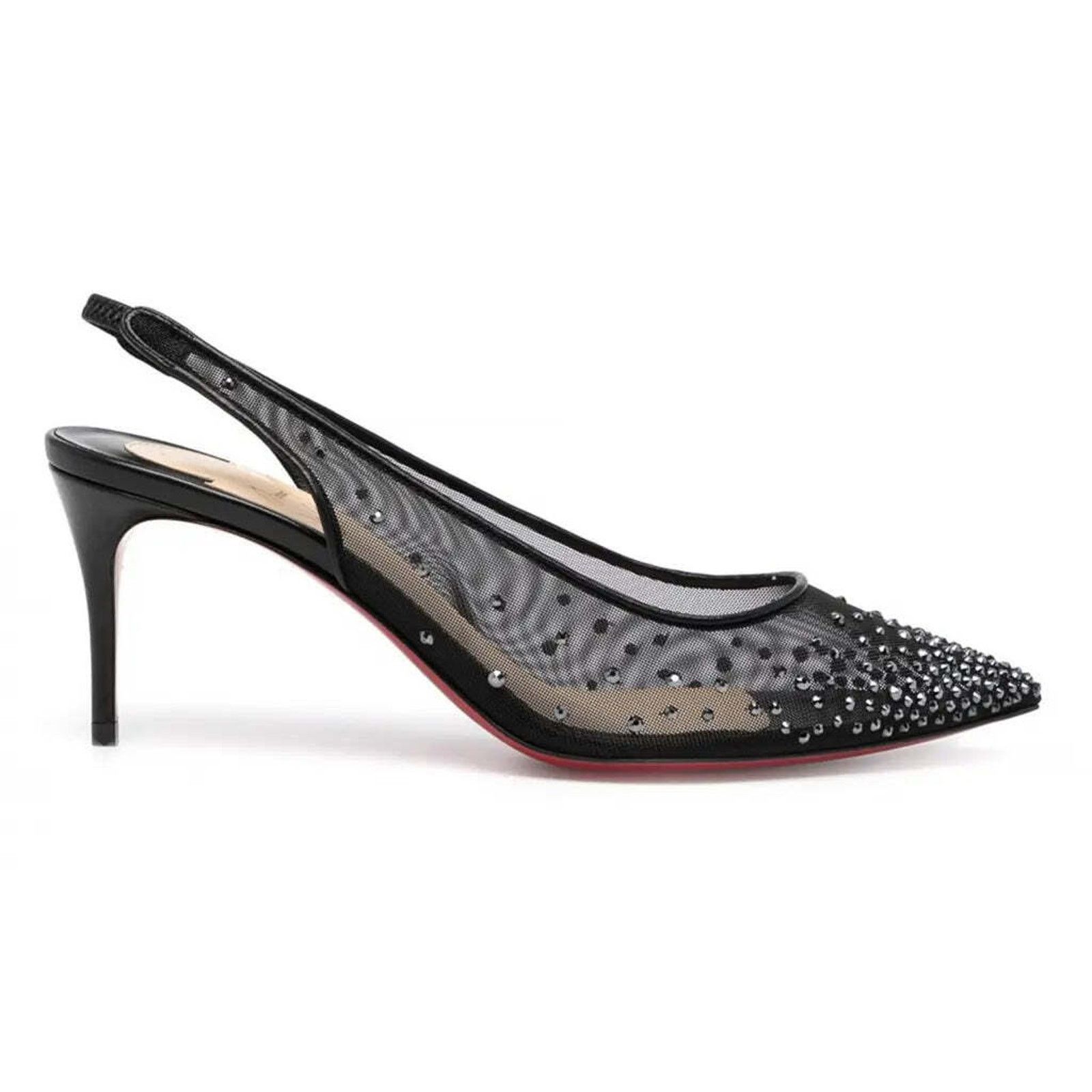 Christian Louboutin Follies Strass Sling 70 Black Leather Mesh Heel Pump 38 Size US 12 / IT 42 - 1 Thumbnail