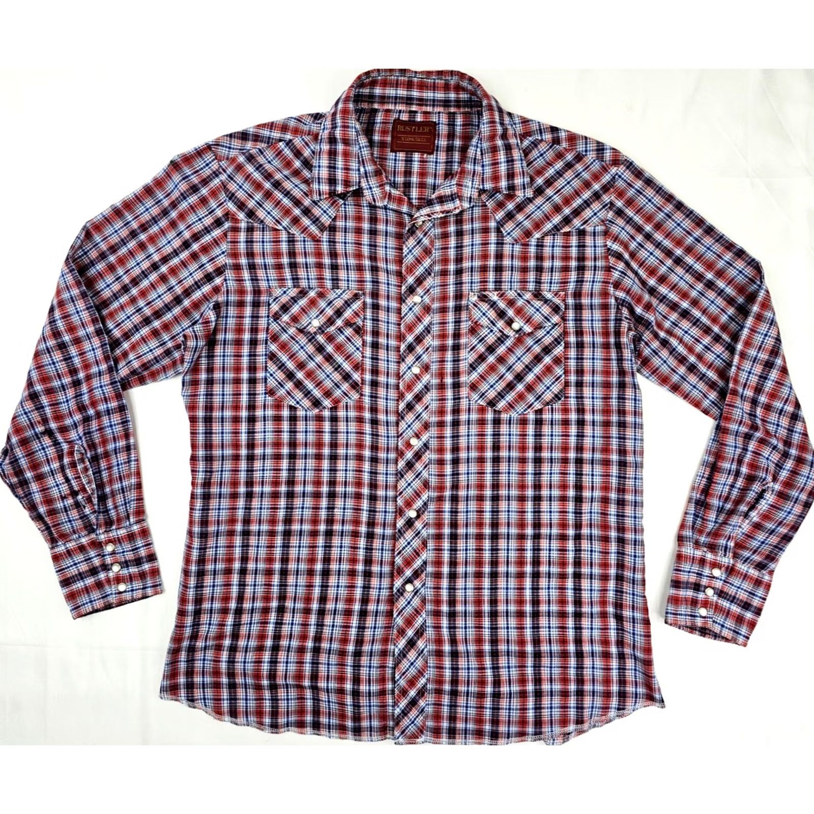 Vintage VINTAGE Rustler X-Long Tails Shirt LOT x 2 Pearl Snap Western Work Shirt Men L Blue Red Size US L / EU 52-54 / 3 - 4 Thumbnail