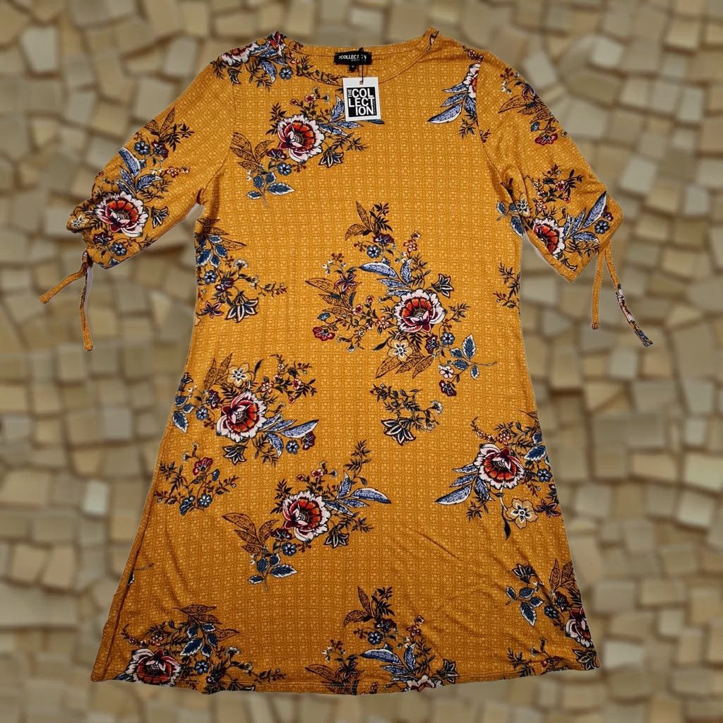 Vintage Debenhams Womens T Shirt Dress Yellow 12 UK Floral Short Sleeve Casual Holiday Flower Jersey Size XL / US 12-14 / IT 48-50 - 1 Thumbnail