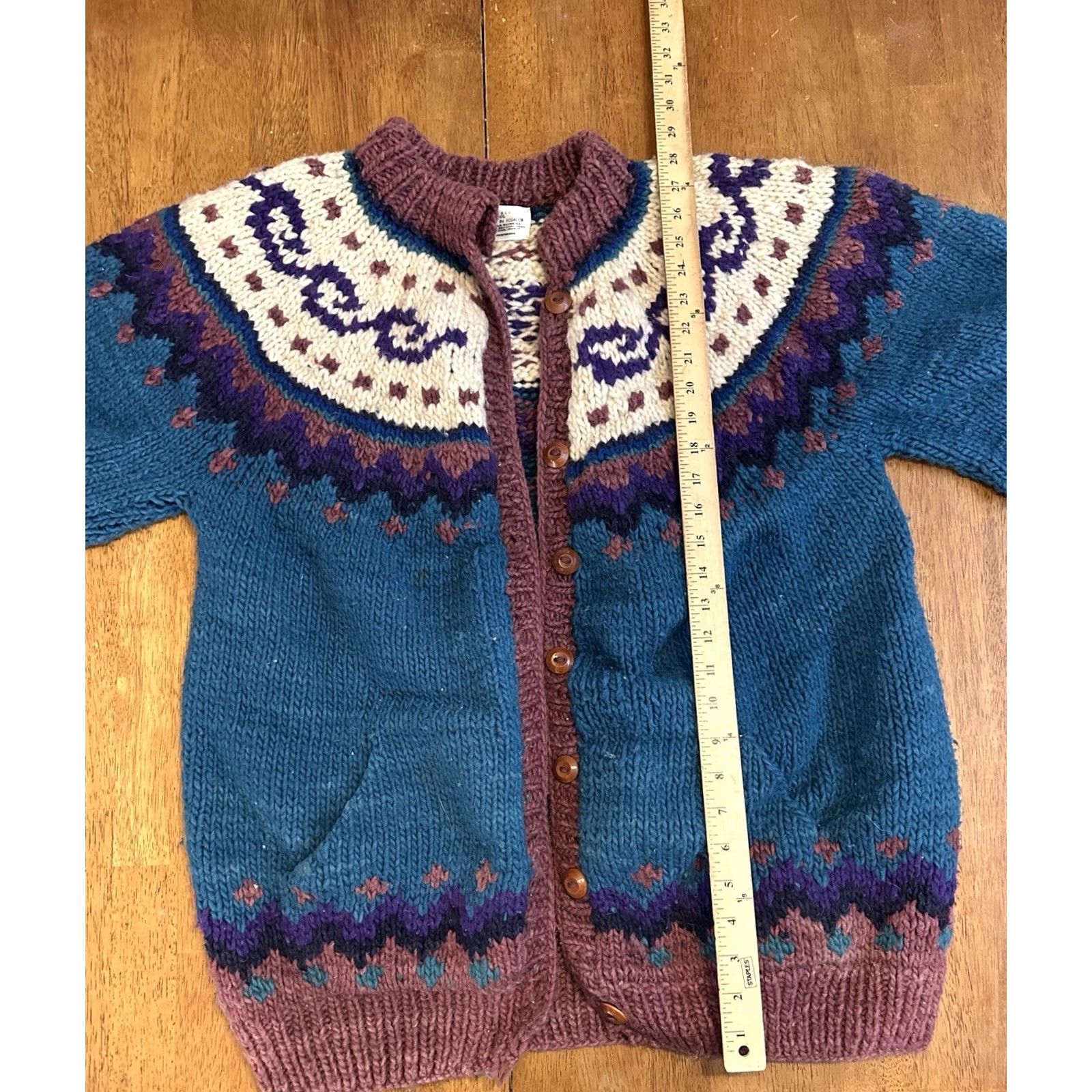 Vintage Otavalo Cardigan Sweater Womens Large Wool Button Up Hand Knit Ecuador Chunky Size L / US 10 / IT 46 - 7 Thumbnail