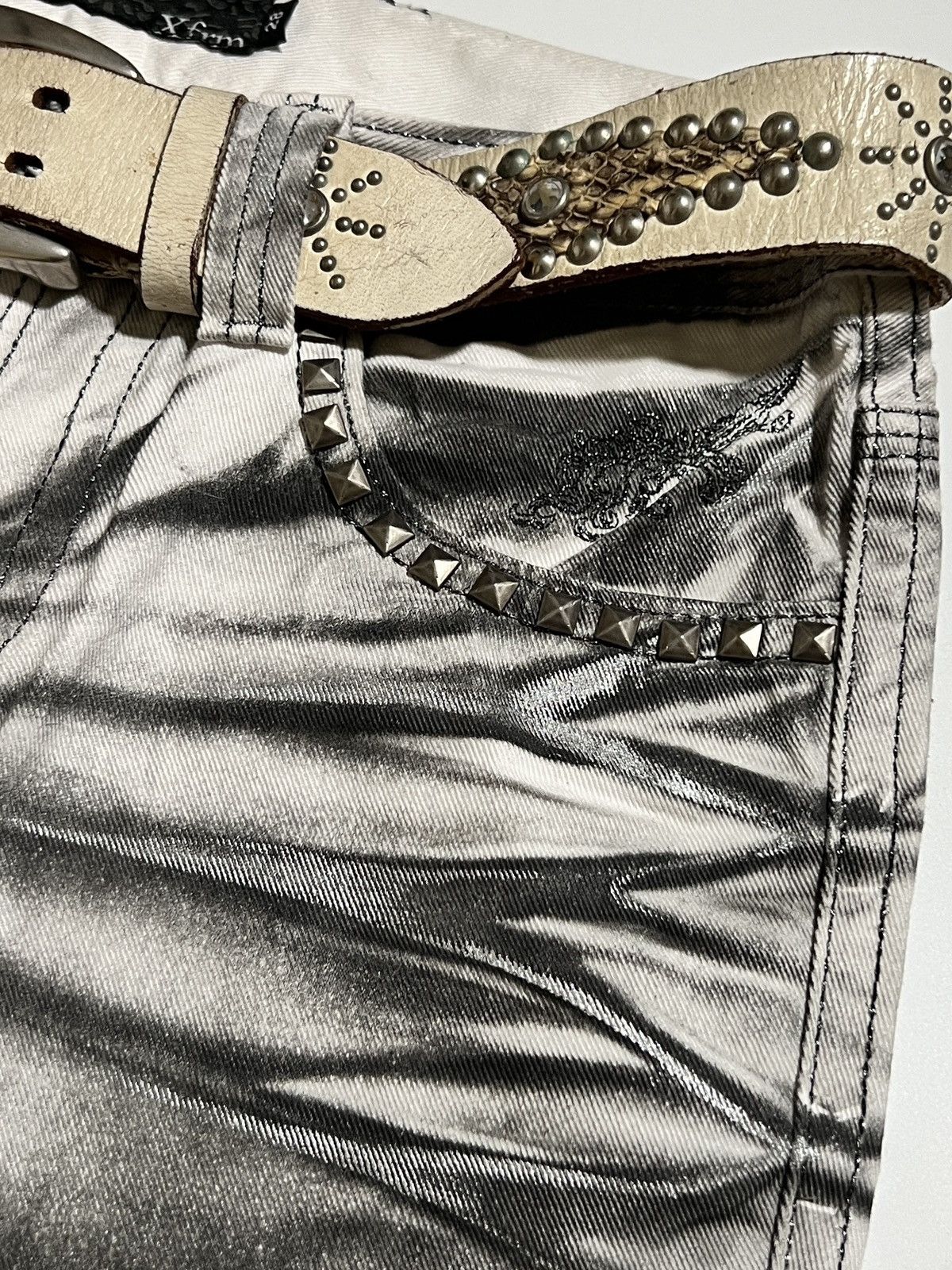 Japanese Brand Xfrm Silver Glitter Waxed Bootcut Jeans Y2K Japanese Brand Size US 31 - 12 Thumbnail