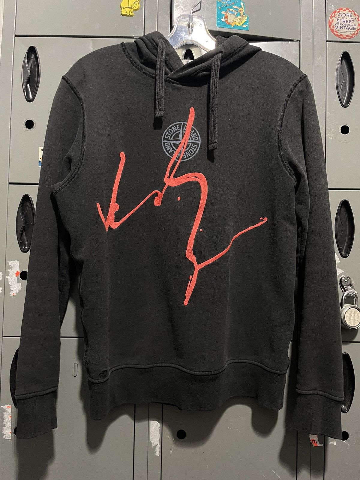 image of Stone Island Hoodie Black Faded Distressed Embroidered Art, Men's (Size Small)