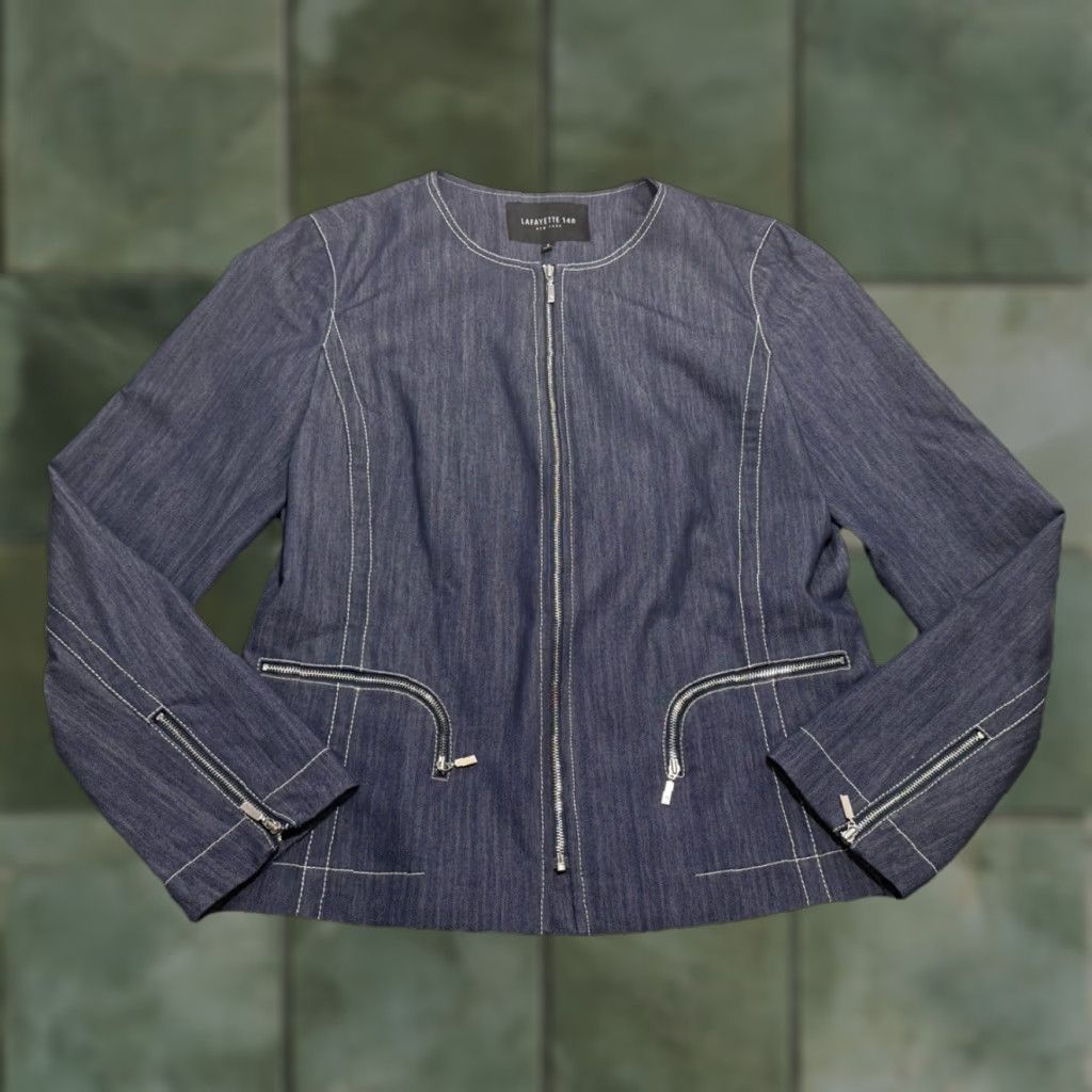 Vintage Lafayette 148 New York Malia Topstitched Denim Jacket Blue 6 Women Regular Zip Pocket Mid-Length Jacket Size M / US 6-8 / IT 42-44 - 1 Thumbnail