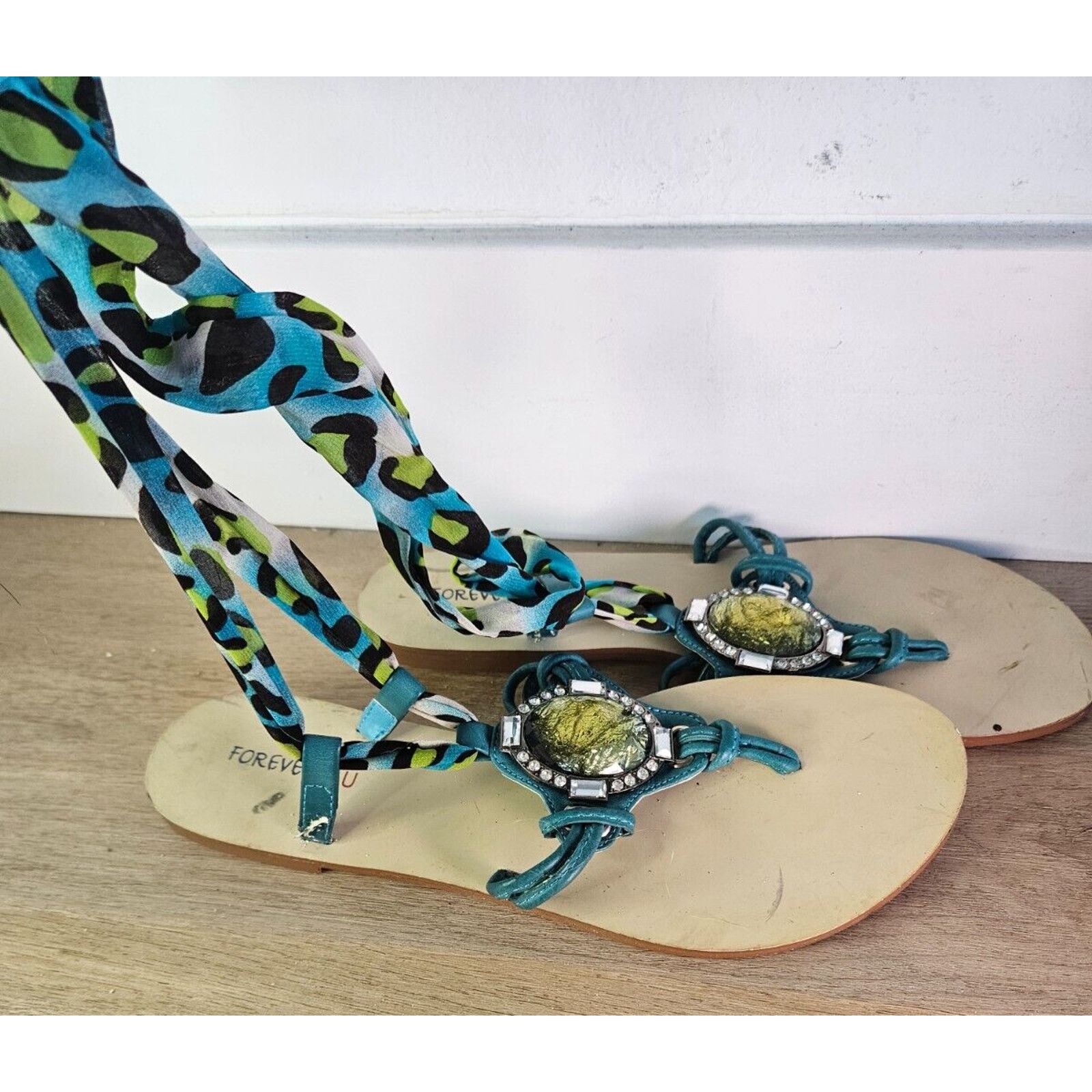 Forever 21 Forever 21 Women's Bejeweled Sandals w/ Leopard, Size 6.5 Size US 6.5 / IT 36.5 - 4 Thumbnail