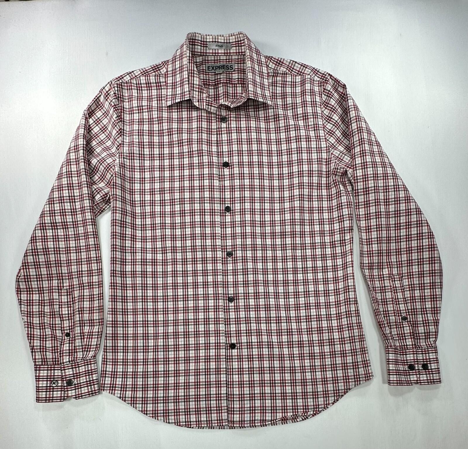 Express Express Fitted Striped/Check Button Up Red Mens M 15-15.5 Size US M / EU 48-50 / 2 - 1 Thumbnail