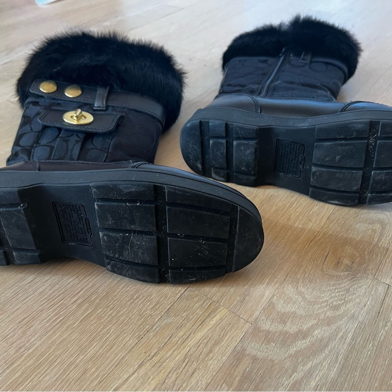 Coach Coach Kimberly Boots Black Canvas Logo Rabbit Fur Trim SZ 6M Size US 6 / IT 36 - 2 Thumbnail