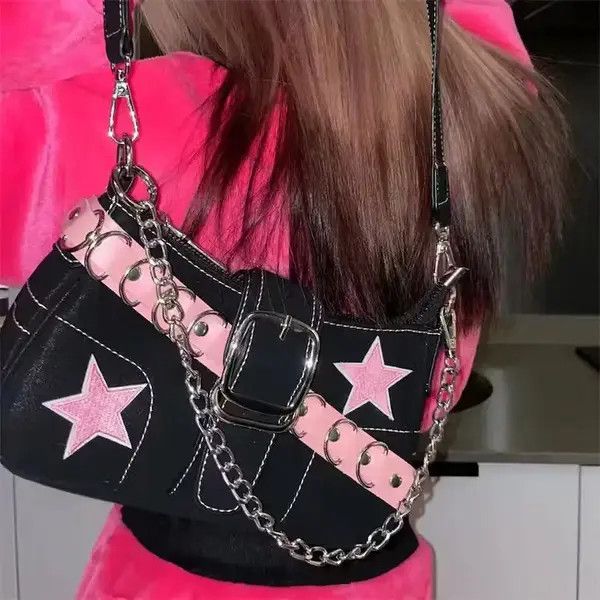 Japanese Brand Harajuku Pink Star Metal Chain Women Totebag Size ONE SIZE - 2 Thumbnail