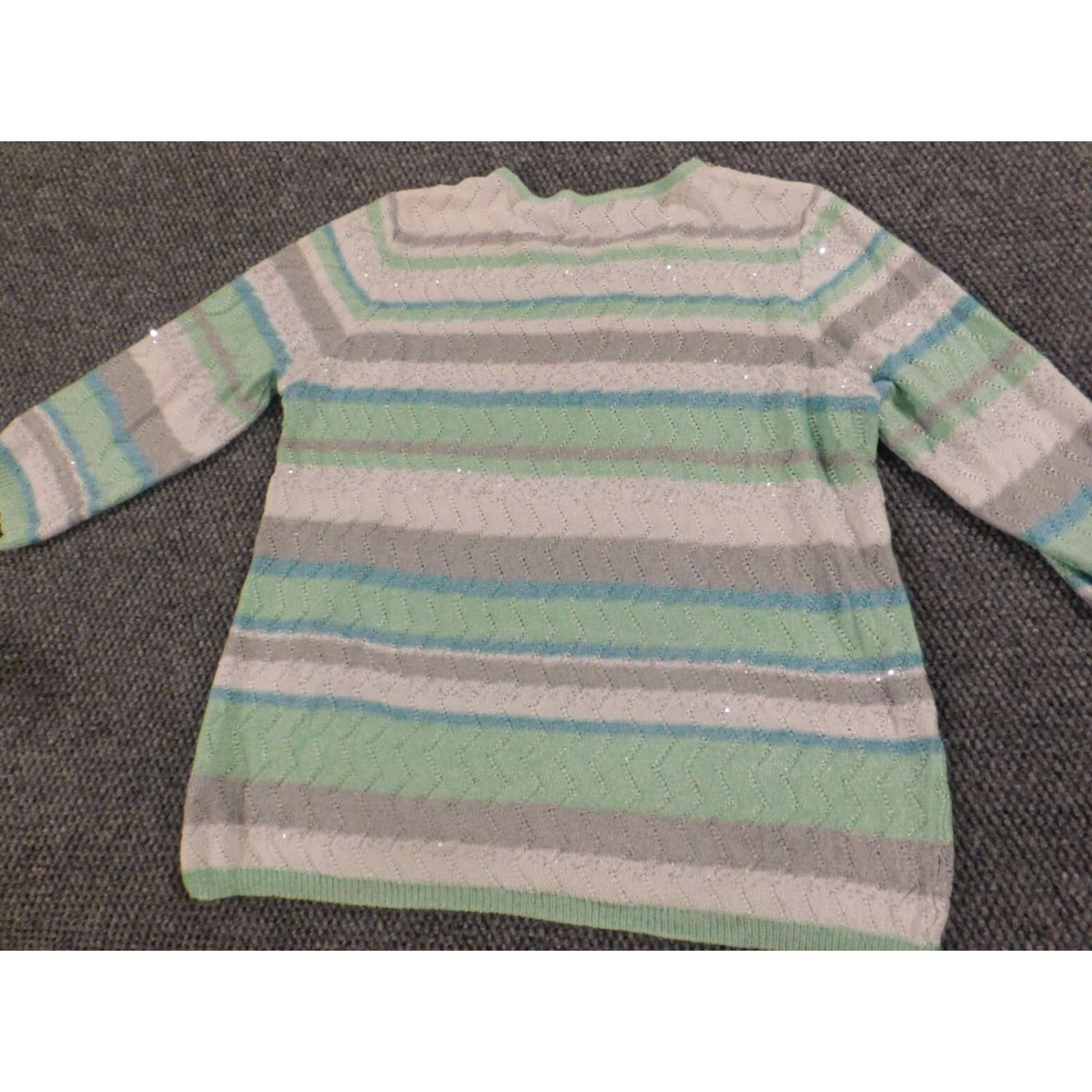 Vintage Alfred Dunner Sweater Womens XL Green Striped Pullover Crew Neck Knit Cap Sleeve Casual Regular Modern Knit Polyester Button Vintage No Size XL / US 12-14 / IT 48-50 - 7 Thumbnail