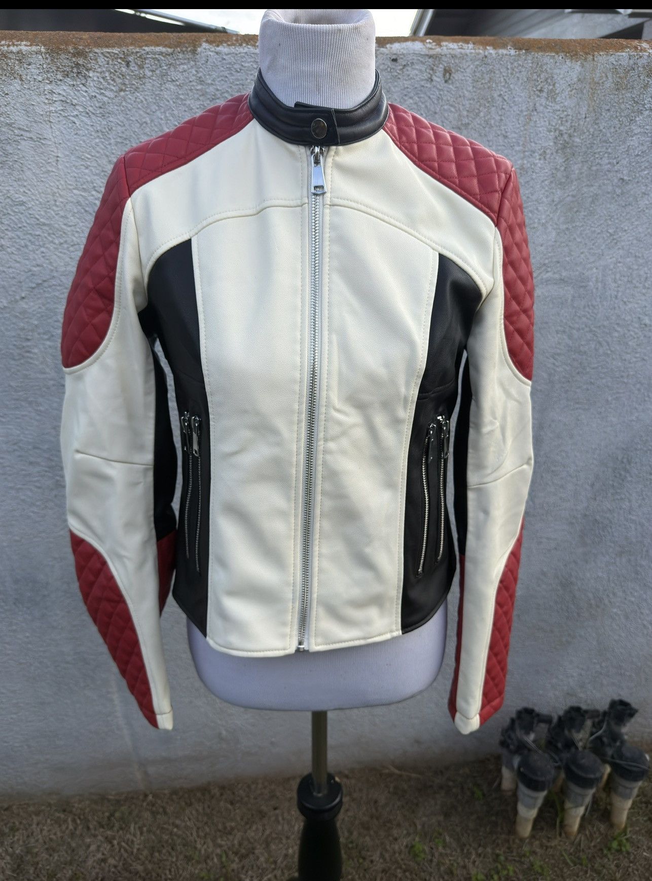 Zara Zara Faux Leather Red Black Cream Biker Jacket Women’s S Size S / US 4 / IT 40 - 1 Thumbnail