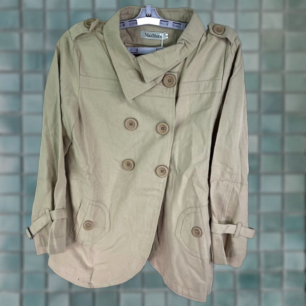 Max Mara Coat Womens Jr Size L Tan Double Breasted Belted Trench