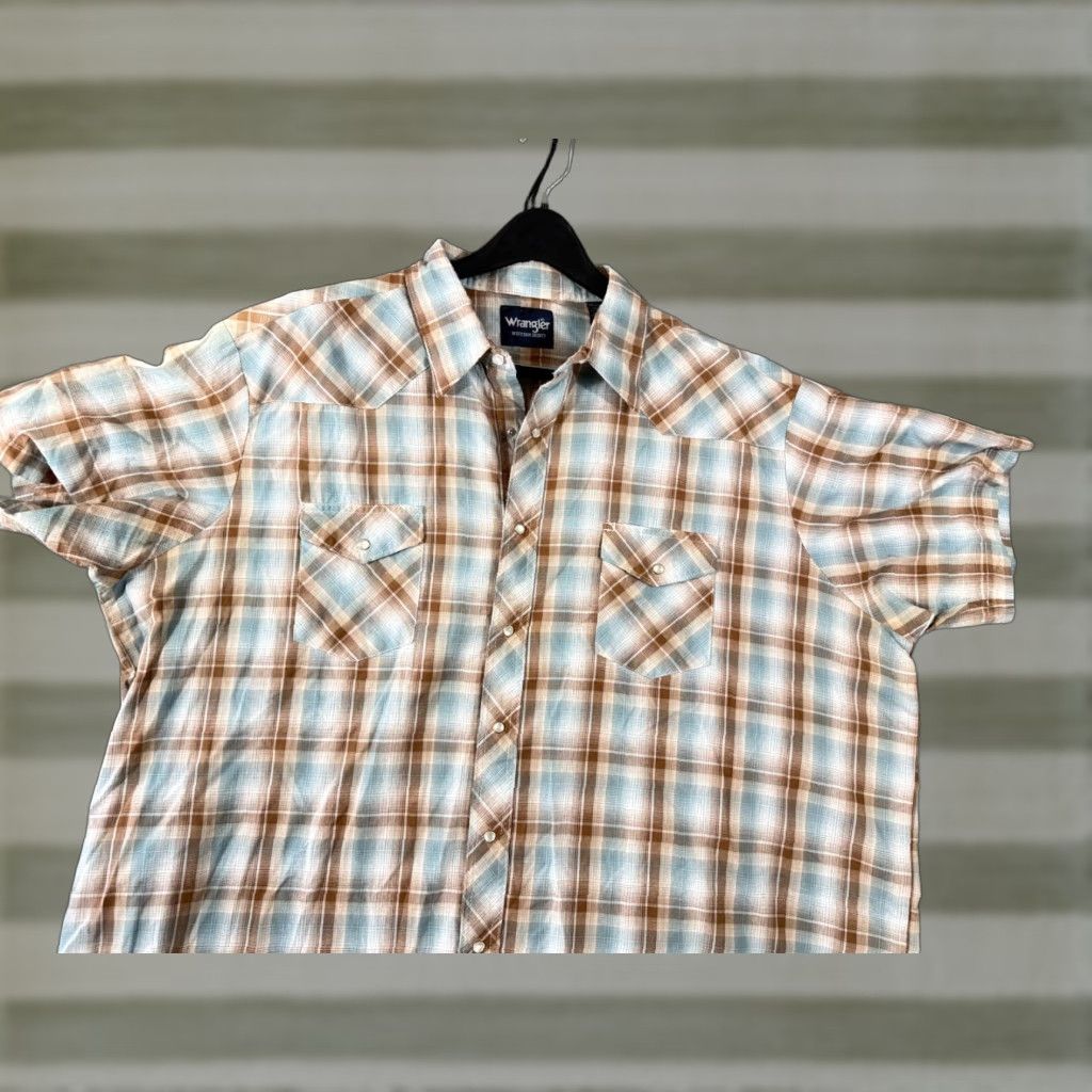 Wrangler Wrangler Western Shirt Mens 3XL Brown Blue Plaid Flap Pocket Pearl Snap Cowboy Size US XXL / EU 58 / 5 - 1 Thumbnail