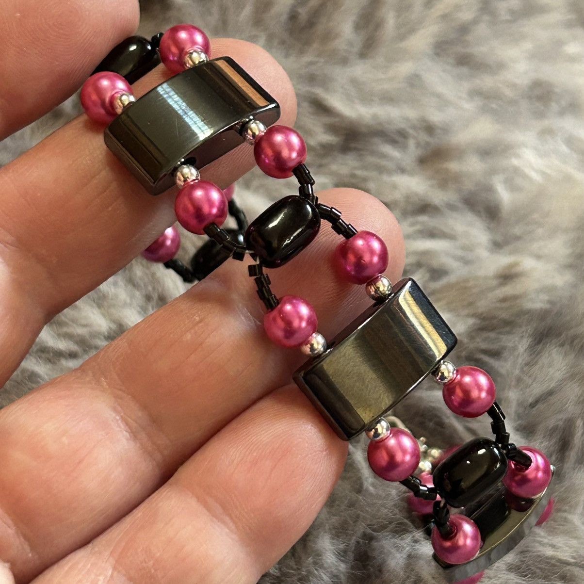Handmade Handcrafted fuchsia pink Czech glass pearl hematite bracelet Size ONE SIZE - 4 Thumbnail