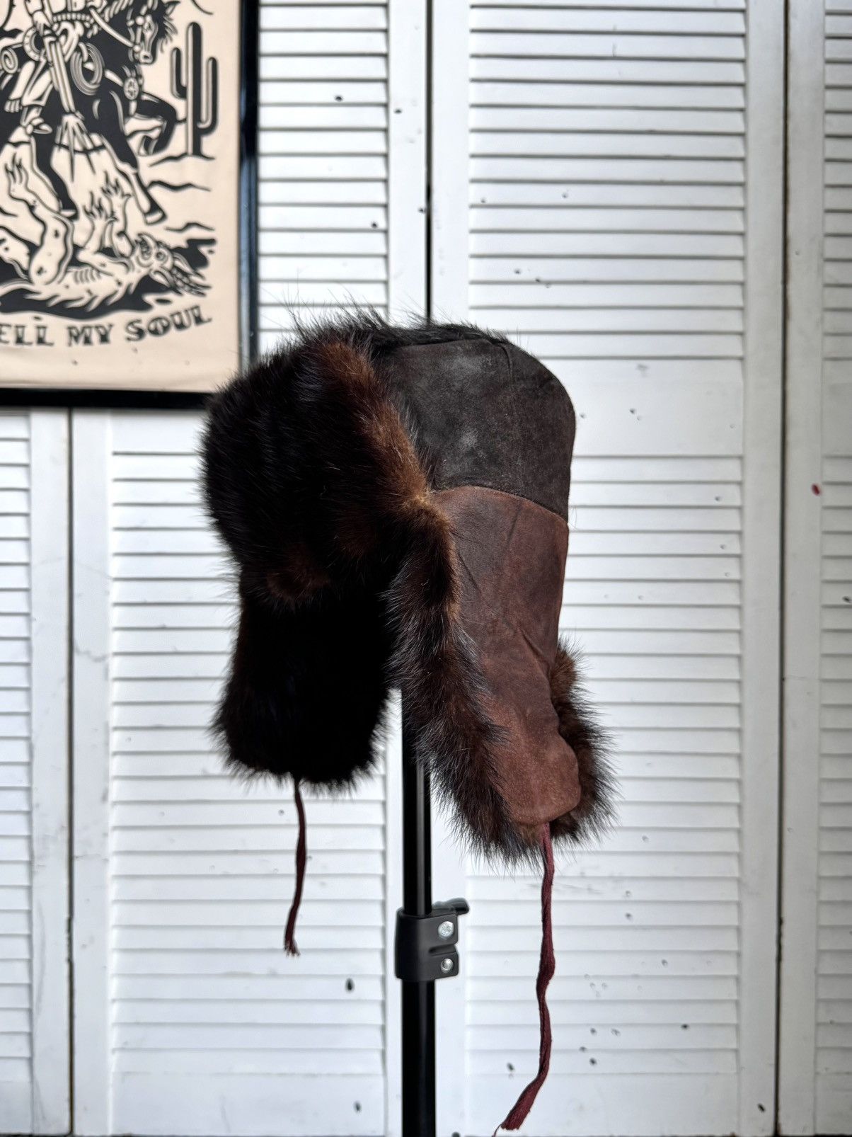 Vintage Vintage 1970s Suede & Fur Ushanka Hat Brown Burgundy Trapper Size ONE SIZE - 5 Thumbnail