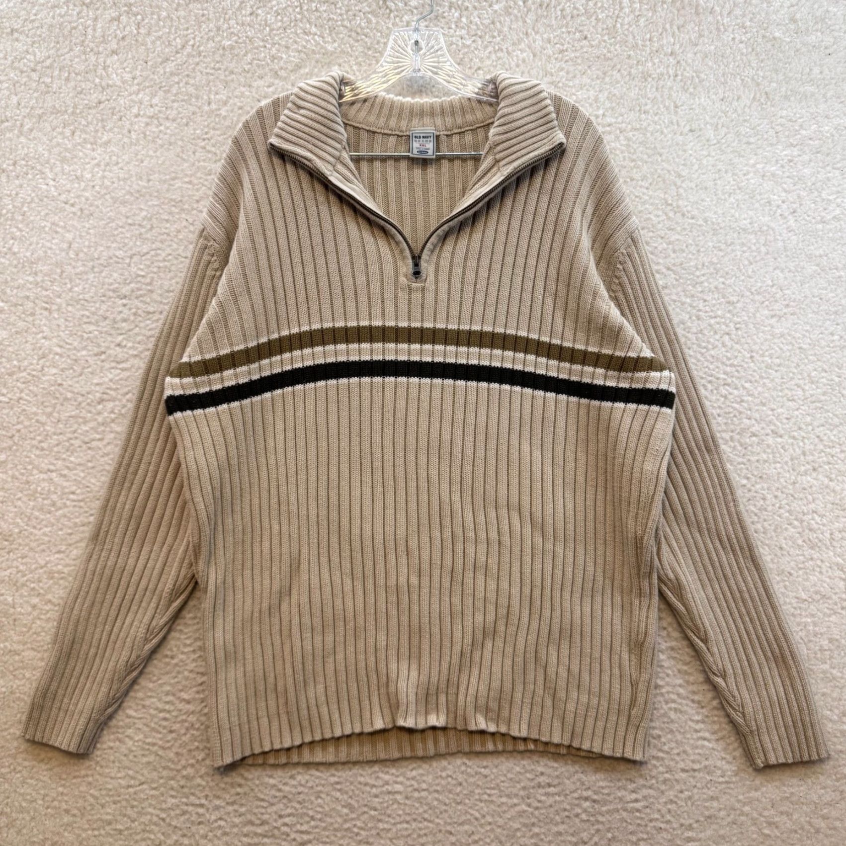 Old Navy VINTAGE Old Navy 1/4 Zip Sweater Mens 2XL Beige Khaki Stripe Rib Knit Shirt Size US XXL / EU 58 / 5 - 2 Thumbnail