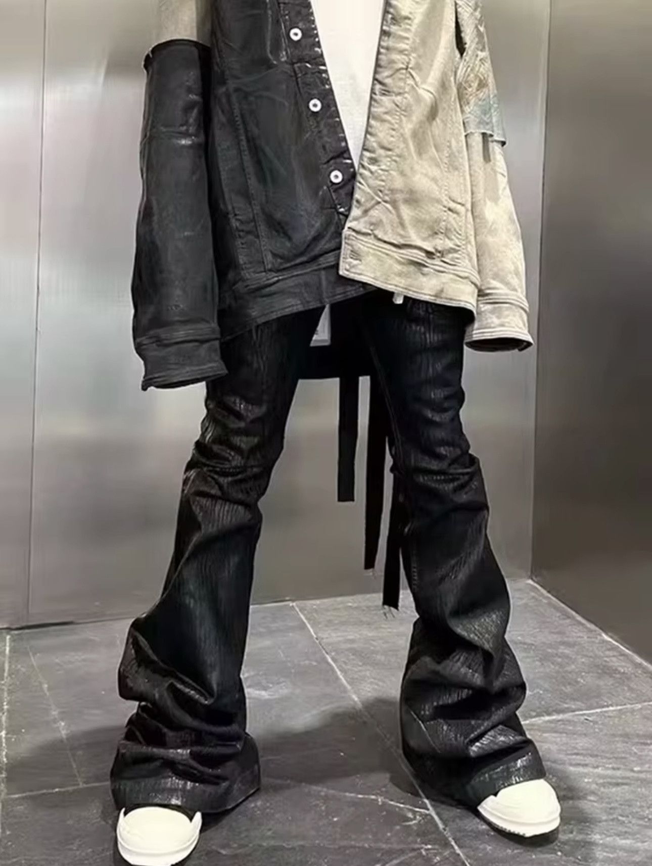 Streetwear Black Wax Leather Strecth Jeans