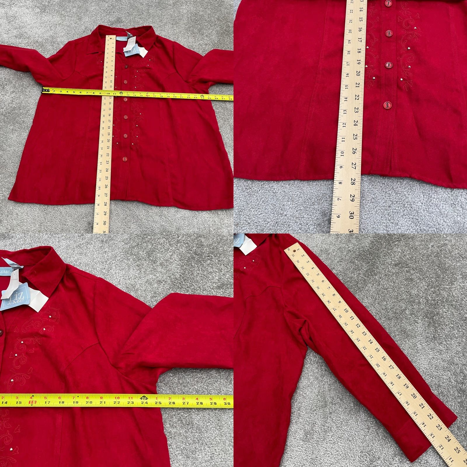 Vintage Liz & Me Shirt Womens XL Red Long Sleeve Button-Up Embroidered Studded NWT New Velvet Suede Fashion? Size XL / US 12-14 / IT 48-50 - 8 Thumbnail
