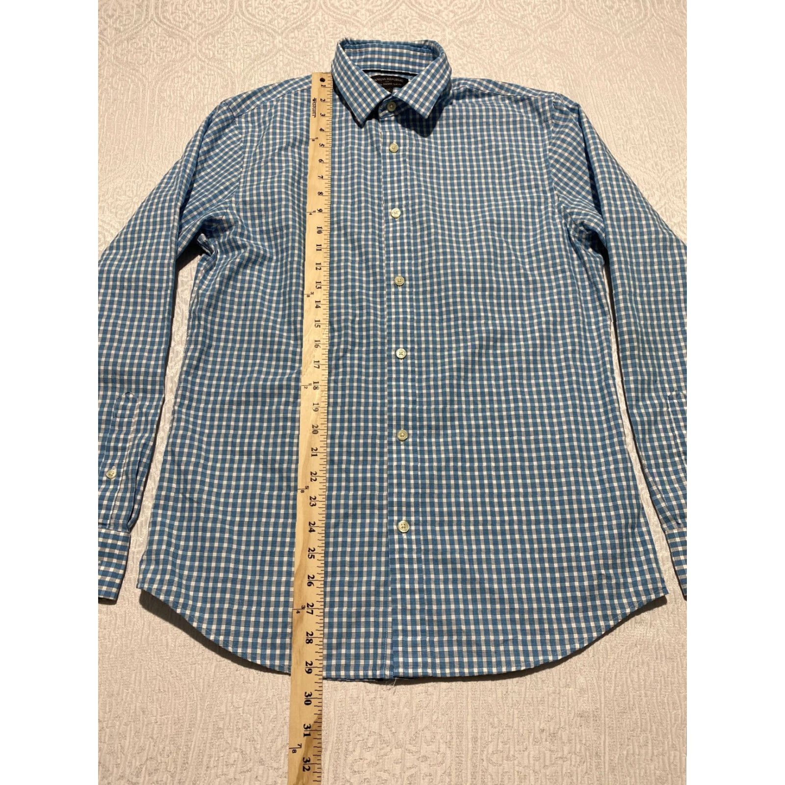 Banana Republic VINTAGE? No. Banana Republic Dress Shirt Mens M Blue Check Non Iron Tailored Slim Fit Size 40R - 7 Thumbnail