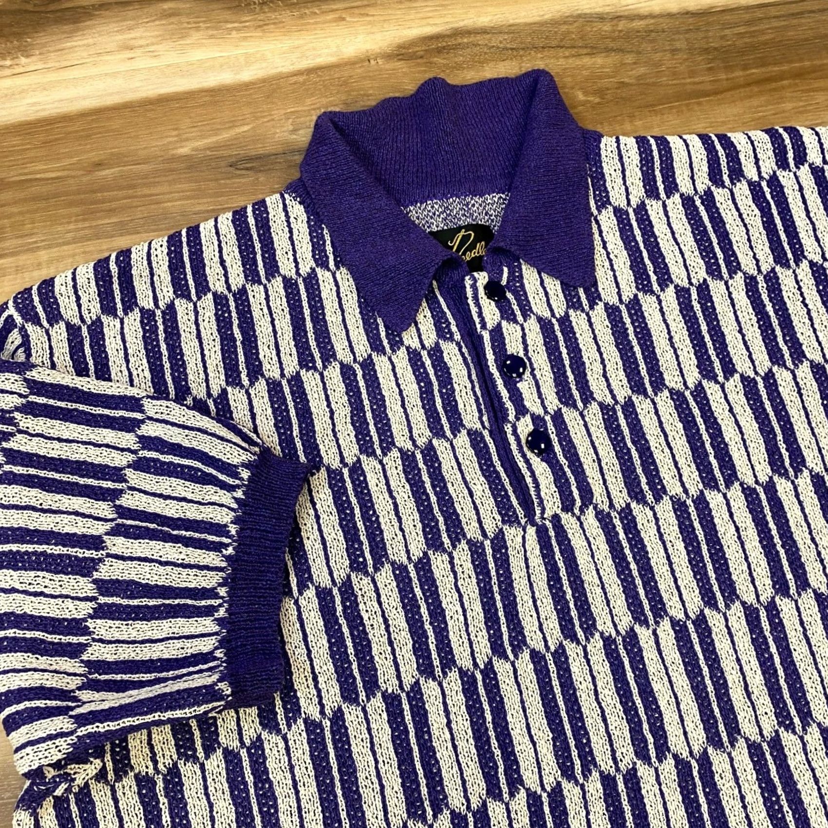 Needles VINTAGE Needles Knit Polo Mens M Purple White Geometric Nepenthes Japanese Paper Heritage Short Sleeve Collarless 43 in Chest Mens Regular Size M Size US M / EU 48-50 / 2 - 2 Thumbnail