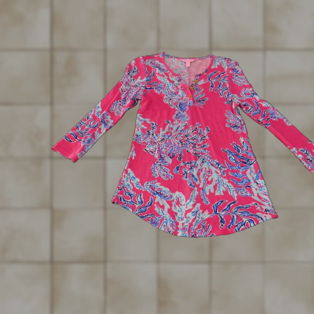 Lilly Pulitzer Lilly Pulitzer top Womens Small Tunic Blouse Long Sleeve Floral Boho Pullover Pink Blue 100% Cotton Beach Casual Womens Size S / US 4 / IT 40 - 1 Thumbnail