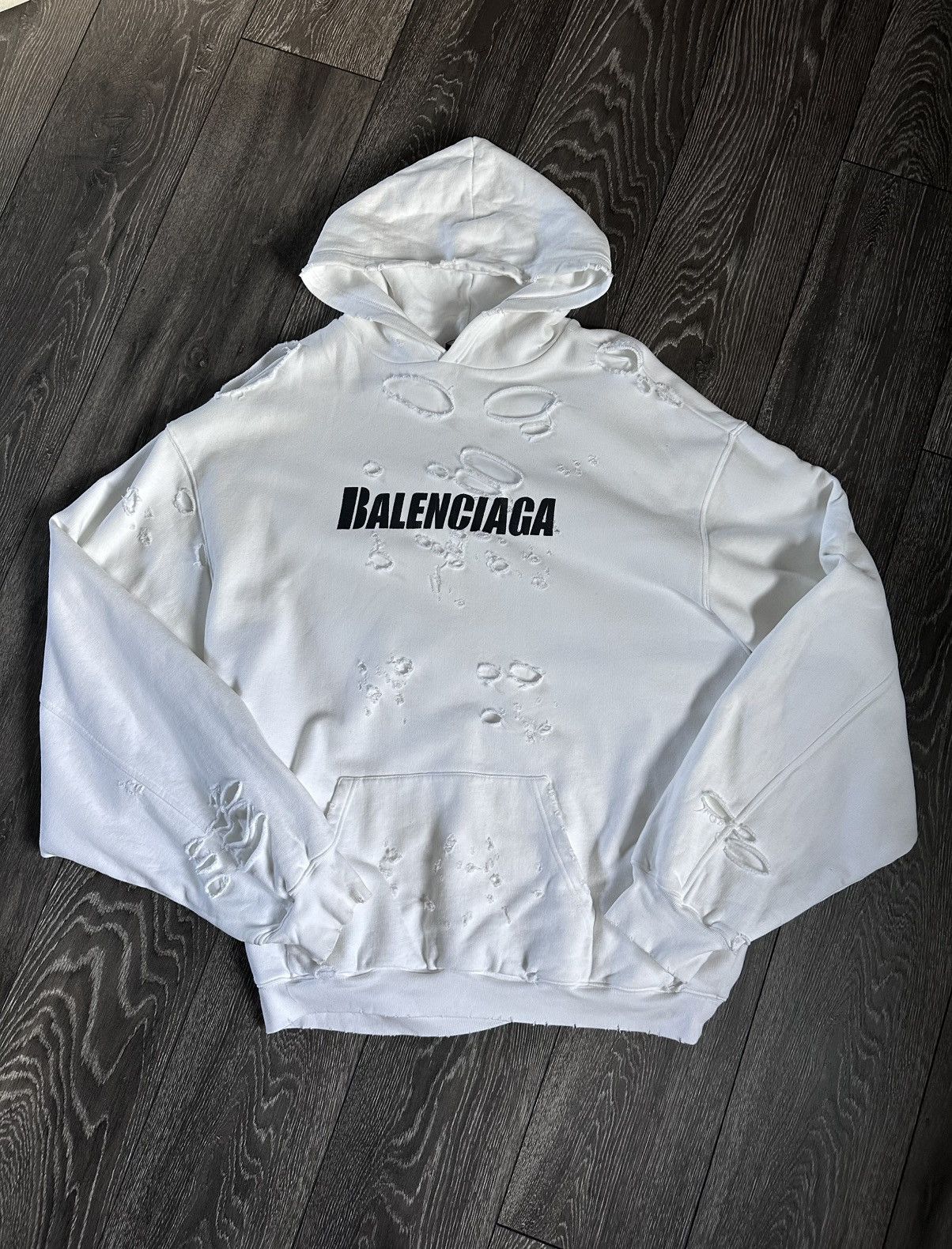 balenciaga destroyed logo oversized hoodie white