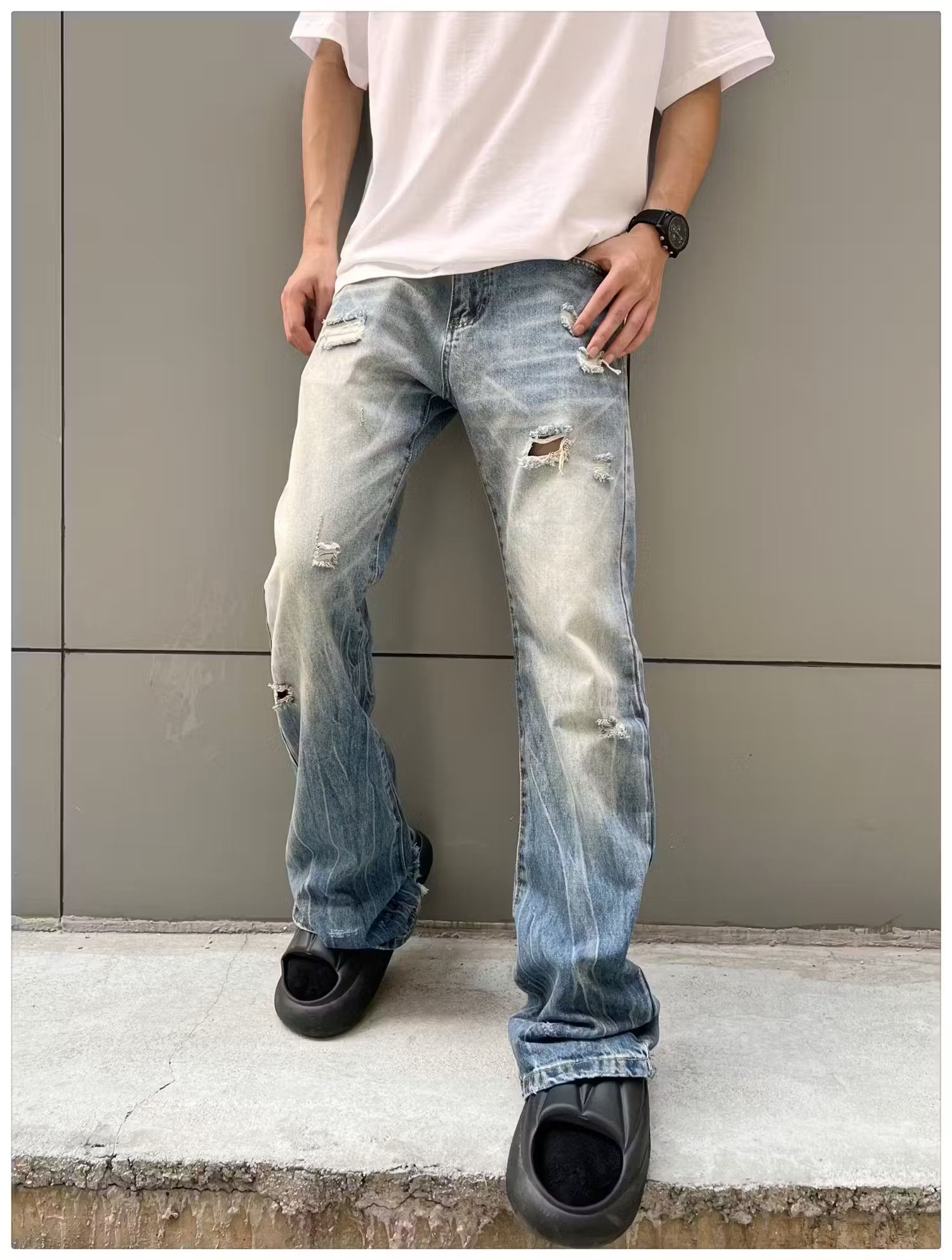 image of Vintage Faded Damaged Ripped Flared Jeans in Blue Fade, Men's (Size 28)